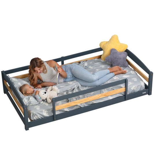Cama de suelo estilo Montessori tamaño individual con barandillas de seguridad para niños