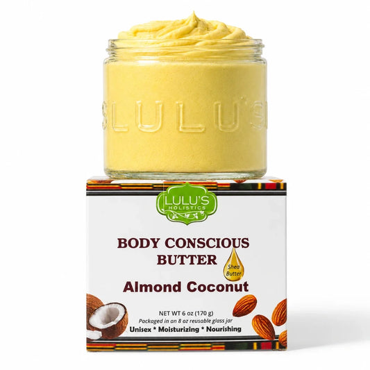 Manteca corporal batida iluminadora de almendra y coco con base de manteca de karité amarilla africana cruda